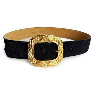 Cipriani Wide Leather Belt Textured Leather Gold Abstract Buckle Retro 90s Sz M